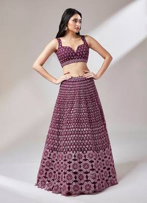 Burgundy Net heavy Sequinse embroidery Semi-Stitched Lehenga choli & Dupatta 4