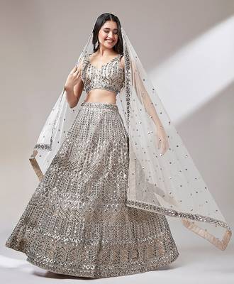 Beige Net Mirror &  Sequin embroidery Lehenga choli & Dupatta 1