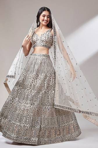 Beige Net Mirror &  Sequin embroidery Semi-Stitched Lehenga choli & Dupatta