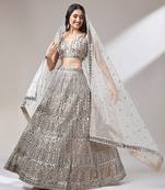 Beige Net Mirror &  Sequin embroidery Semi-Stitched Lehenga choli & Dupatta