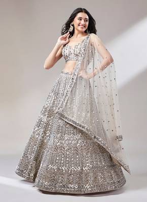 Beige Net Mirror &  Sequin embroidery Lehenga choli & Dupatta 2