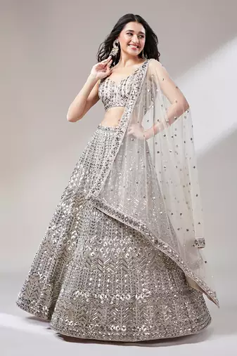 Beige Net Mirror &  Sequin embroidery Lehenga choli & Dupatta