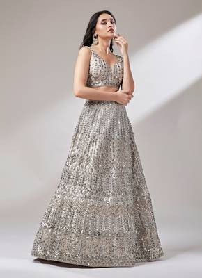Beige Net Mirror &  Sequin embroidery Lehenga choli & Dupatta 4