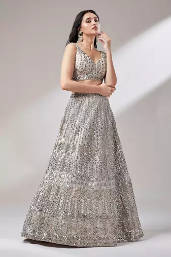 Beige Net Mirror &  Sequin embroidery Lehenga choli & Dupatta