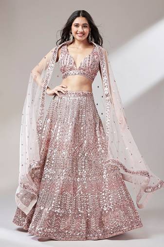 Rose Gold Net Mirror &  Sequin embroidery Semi-Stitched Lehenga choli & Dupatta
