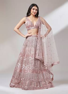 Rose Gold Net Mirror &  Sequin embroidery Lehenga choli & Dupatta 2