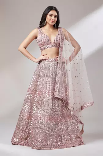 Rose Gold Net Mirror &  Sequin embroidery Lehenga choli & Dupatta