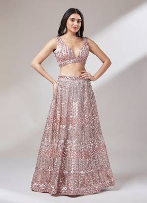 Rose Gold Net Mirror &  Sequin embroidery Lehenga choli & Dupatta 4