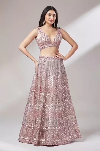 Rose Gold Net Mirror &  Sequin embroidery Lehenga choli & Dupatta