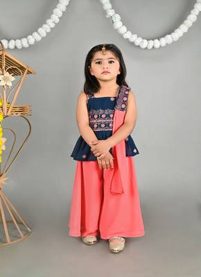 Titrit Sleeveless Sequin Embroidered geotgette Peplum Top & Dupatta With Solid Palazzo - Pink & Green 1