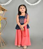 Titrit Sleeveless Sequin Embroidered geotgette Peplum Top & Dupatta With Solid Palazzo - Pink & Green