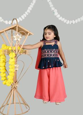 Titrit Sleeveless Sequin Embroidered geotgette Peplum Top & Dupatta With Solid Palazzo - Pink & Green 4