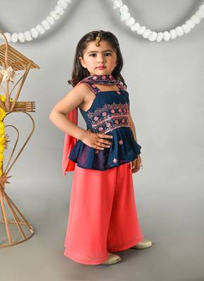 Titrit Sleeveless Sequin Embroidered geotgette Peplum Top & Dupatta With Solid Palazzo - Pink & Green 5