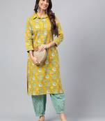 Janasya women's mustard cotton cambric floral printed kurta with balloon pant
