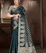 Teal hand woven organza silk banarasi zari work saree with blouse