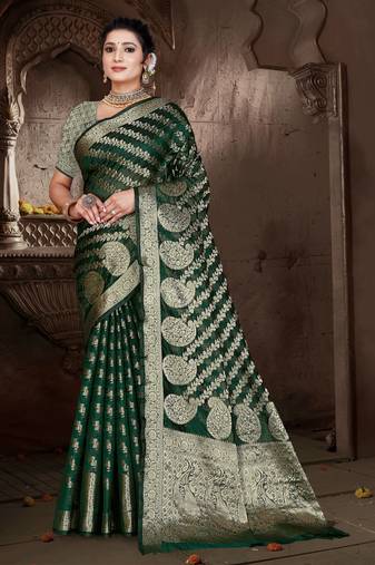 Dark Green Hand Woven Organza Silk Faux Banarasi Zari Work Saree With Blouse