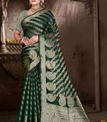 Dark Green Hand Woven Organza Silk Faux Banarasi Zari Work Saree With Blouse