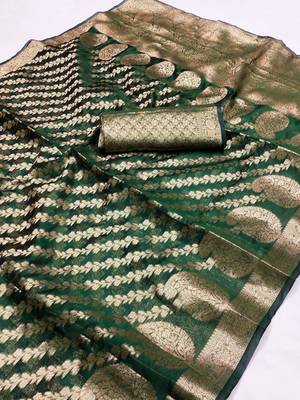 Dark Green Hand Woven Organza Silk Faux Banarasi Zari Work Saree With Blouse 2