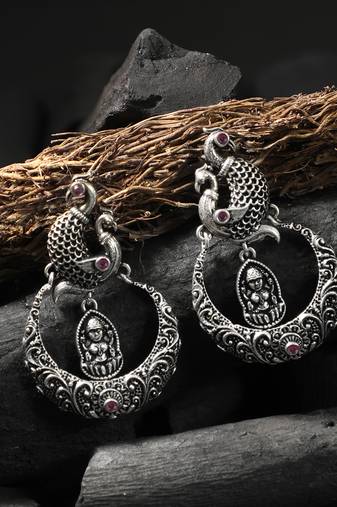 Women silver-plated peacock stone-studded drop earrings