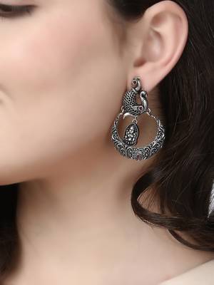 Women silver-plated peacock stone-studded drop earrings 2