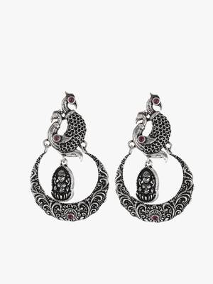 Women silver-plated peacock stone-studded drop earrings 3
