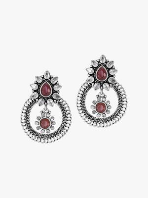 Oxidised silver-plated & maroon stone-studded drop earrings 1