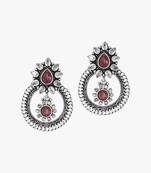Oxidised silver-plated & maroon stone-studded drop earrings