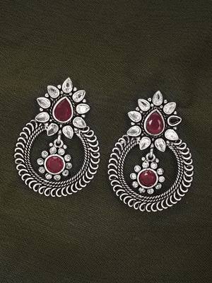Oxidised silver-plated & maroon stone-studded drop earrings 2