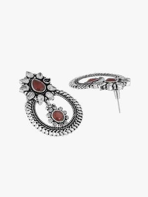 Oxidised silver-plated & maroon stone-studded drop earrings 4