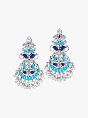 Oxidised silver-plated & blue enameld stone-studded with pearls drop earrings 1