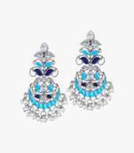 Oxidised silver-plated & blue enameld stone-studded with pearls drop earrings