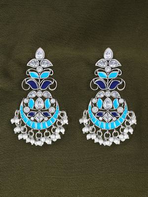 Oxidised silver-plated & blue enameld stone-studded with pearls drop earrings 2