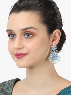 Oxidised silver-plated & blue enameld stone-studded with pearls drop earrings 3