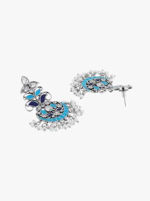 Oxidised silver-plated & blue enameld stone-studded with pearls drop earrings 4