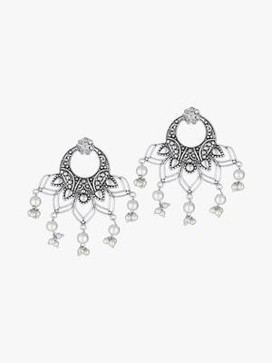 Oxidised silver-plated & stone-studded with pearls flower shapped earrings 1