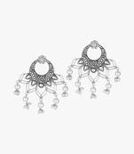 Oxidised silver-plated & stone-studded with pearls flower shapped earrings