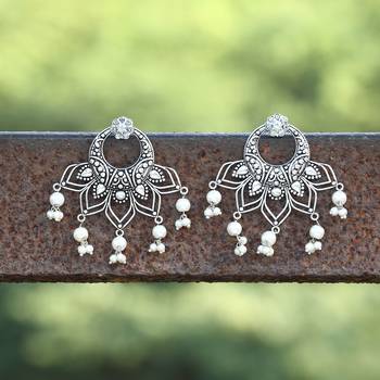 Oxidised silver-plated & stone-studded with pearls flower shapped earrings 2