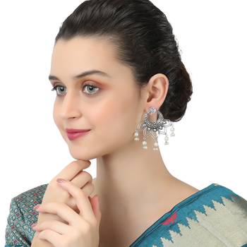Oxidised silver-plated & stone-studded with pearls flower shapped earrings 3