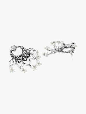 Oxidised silver-plated & stone-studded with pearls flower shapped earrings 4