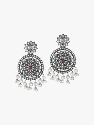 Oxidised silver-plated & stone-studded with pearls circuler shapped earrings 1