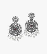 Oxidised silver-plated & stone-studded with pearls circuler shapped earrings