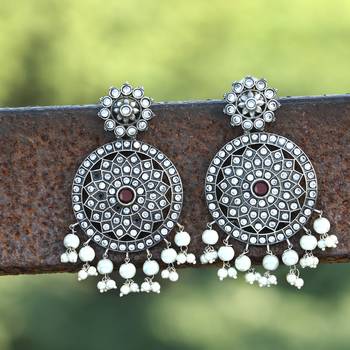 Oxidised silver-plated & stone-studded with pearls circuler shapped earrings 2