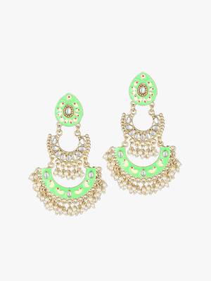 24ct gold-plated & stone-studded green enameld crescent earrings with pearls 1