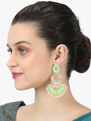 24ct gold-plated & stone-studded green enameld crescent earrings with pearls 2