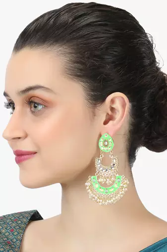 24ct gold-plated & stone-studded green enameld crescent earrings with pearls