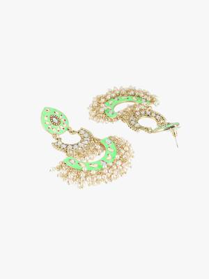 24ct gold-plated & stone-studded green enameld crescent earrings with pearls 3