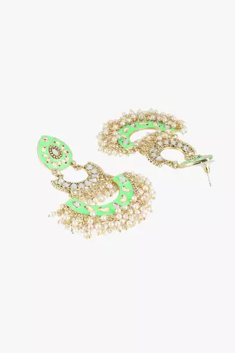 24ct gold-plated & stone-studded green enameld crescent earrings with pearls