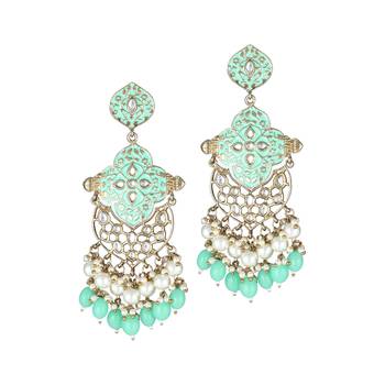 24ct gold-plated & stone-studded mint enameld with pearls contemporary drop earrings 1
