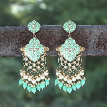 24ct gold-plated & stone-studded mint enameld with pearls contemporary drop earrings 2