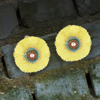 Women yellow stone-studded beads circular earrings 2